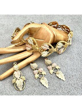 Vtg BLACK HILLS GOLD JEWELRY SET Pendant BRACELET EARRINGS 10k - 12k GOLD Grapes